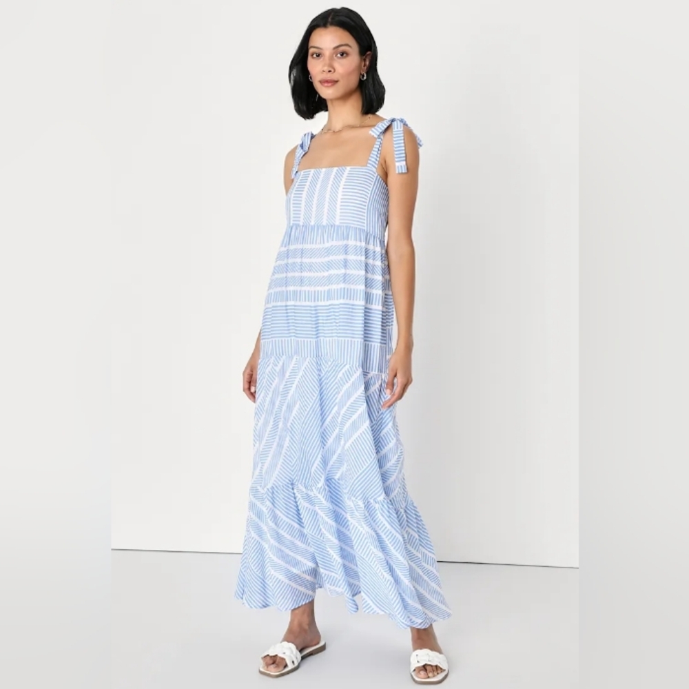 Lulus Bhamas Bliss White and Blue Geo Print Tie-Strap Maxi Dress,Empire Waist,